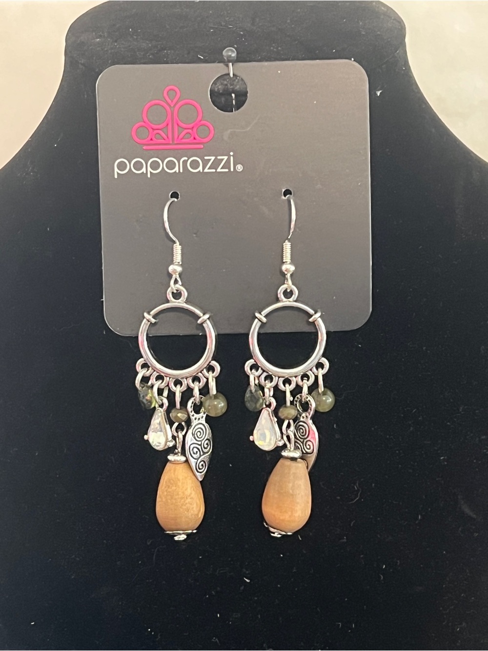 Paparazzi Silver Hoop & Wood Teardrop Dangle Earrings - Olive & Wood